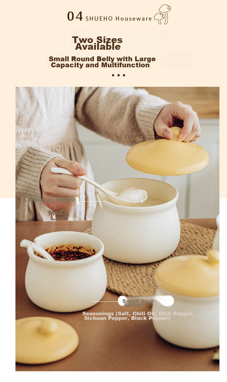 Shuke Ceramic Lard Jar, Heat-Resistant, for Storing Chili Oil And Spices, Food-Grade 7