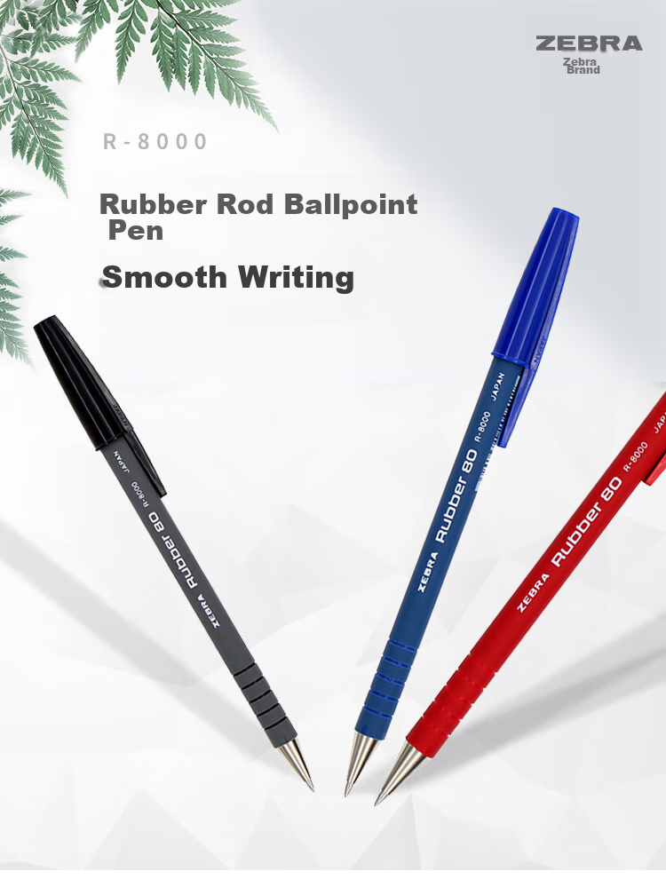 ZEBRA Rubber Barrel Ballpoint Pen, 0.7mm Bullet Tip, Medium Oil Pen, R8000, Blue, Pack of 10 1