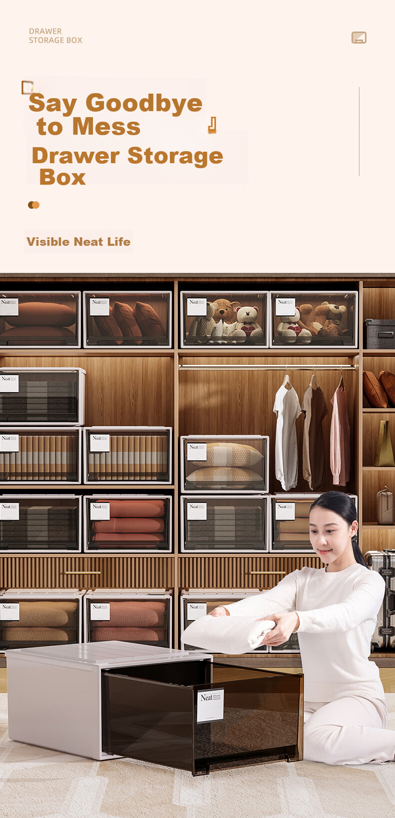 Taili Plastic Drawer Cabinet, Clothes Storage Cabinet, 28L, Light Tea Apricot Color, 1 Piece 1