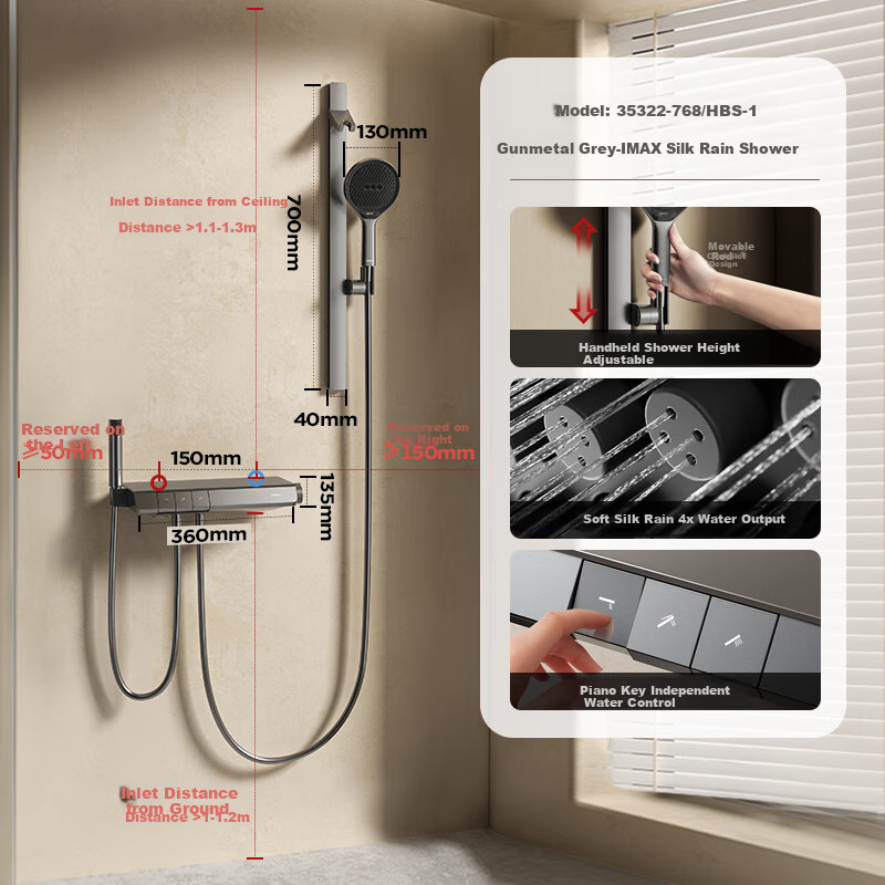 JOMOO Shower Set with Piano Key Temperature Control, Separate Shower Head IMAX Silk Rain Youth Edition 25048-695/HBS 1