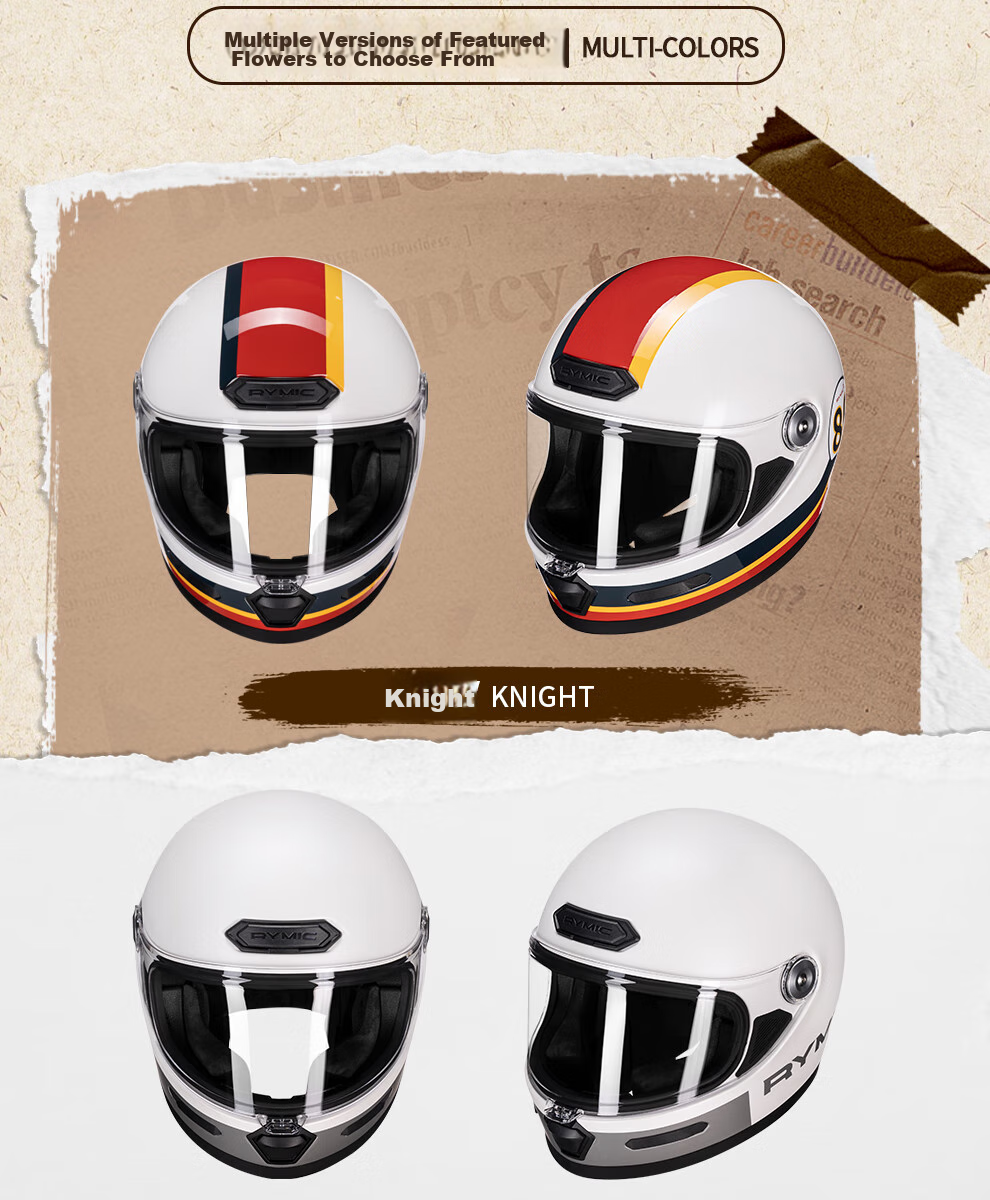 RYMIC Motorcycle Retro Full-Face Helmet, 3C Certified, for Men And Women, All-Season Riding Helmet, V80 Bright Moon White, 3XL 14