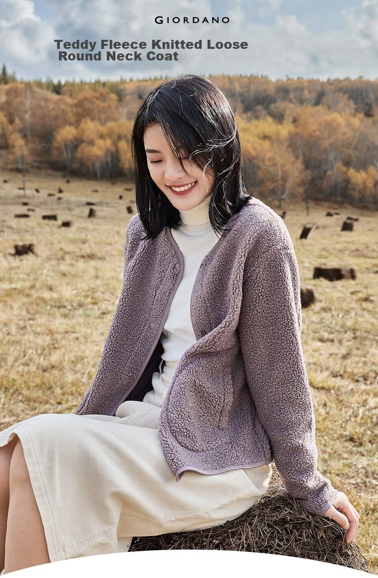 Giordano Women's Teddy Fleece Warm Fashionable Crew Neck Loose Cardigan Jacket 05372859 3