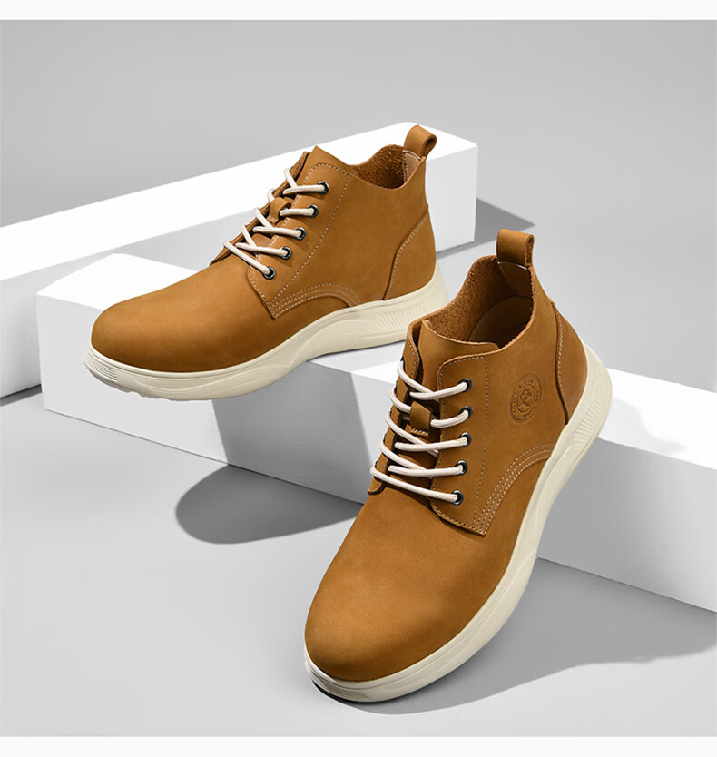 MELLEN British Style Versatile Mid-Top Leather Boots Retro Trendy Boots for Men Thick-Soled MYD67691 Light Brown 37 4