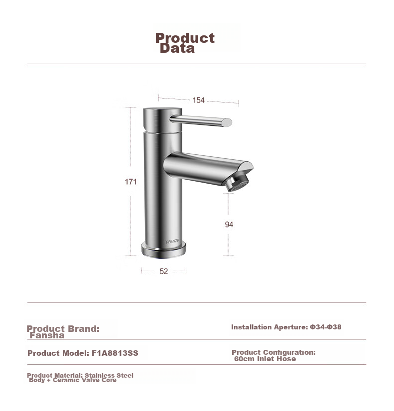 FAENZA Household Bathroom Sink, Stainless Steel Hot And Cold Dual Control Brushed Bathroom Basin Faucet, F1A8813SS 3