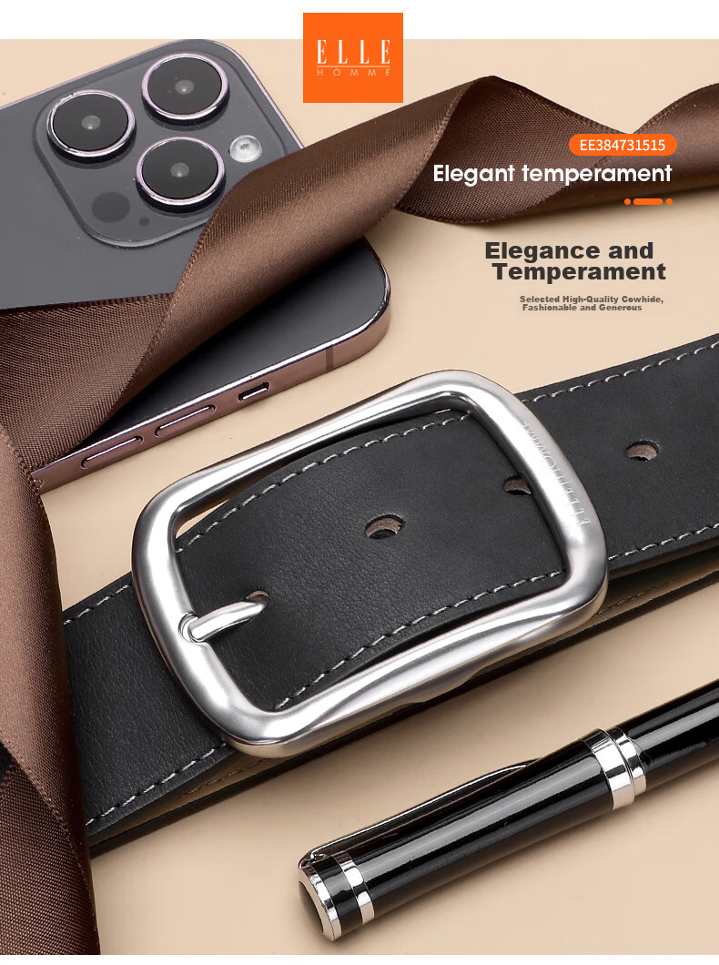 ELLE HOMME Men's Leather Belt with Pin Buckle, Top-Grain Cowhide Casual Trouser Belt for Men, Birthday Gift for Boyfriend 2