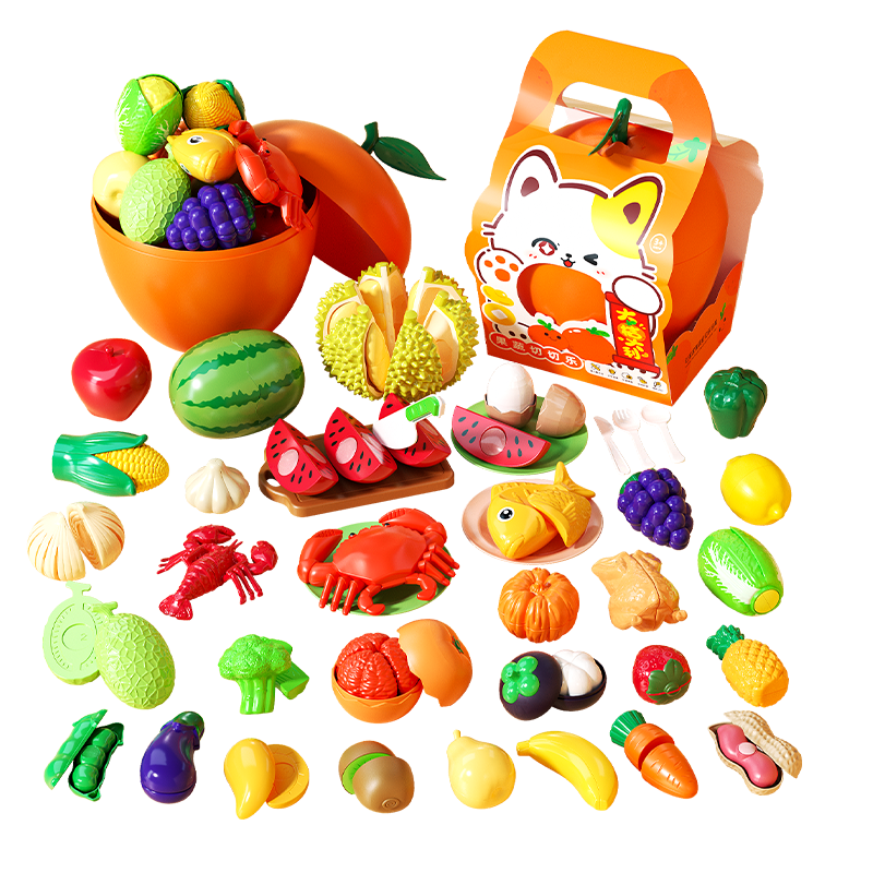 Xinge Children's Pretend Play Vegetable And Fruit Cutting Toy Set with Peelable Realistic Orange Storage Bucket, 40 Pieces, Birthday Gift