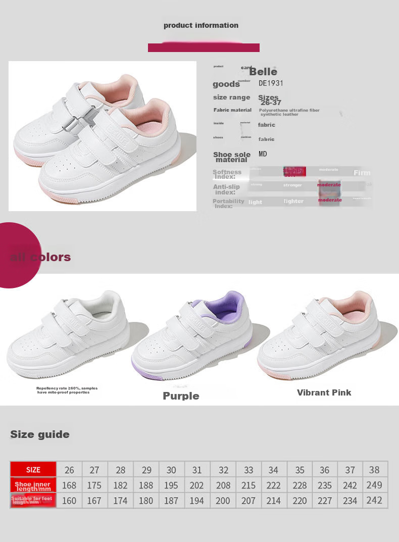Belle Children's Shoes, Kids' Sneakers, White Shoes for Boys And Girls, Breathable Sports Shoes, Spring And Autumn School Casual Shoes, White Color, Size 37 10