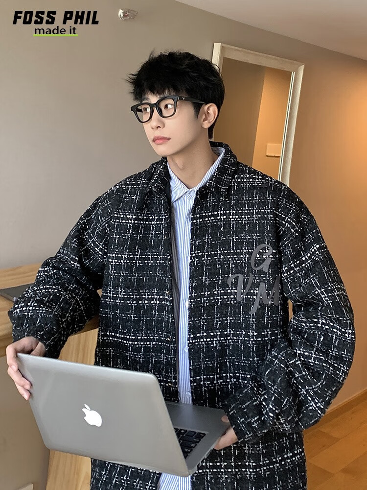 Foss Phil Men's Jacket, Spring And Autumn Fashion Brand Chanel-Style Coat, Plaid Lapel, Korean Version Loose Outerwear, FPJK10 Black M 5