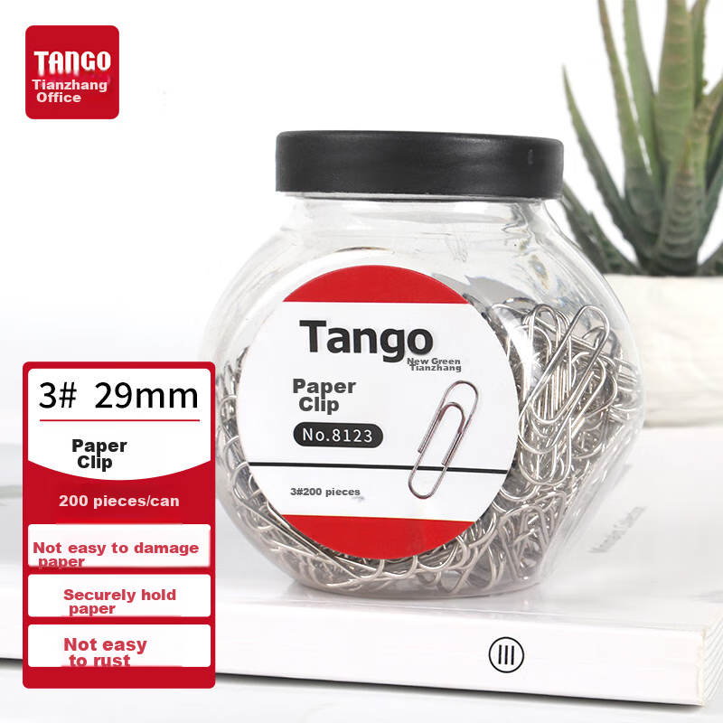 TANGO Office Paper Clips #3, 29mm Nickel-Plated Metal Rust-Resistant Retractable Clips, Candy Jar Packaging, 200 Pieces, Office Supplies