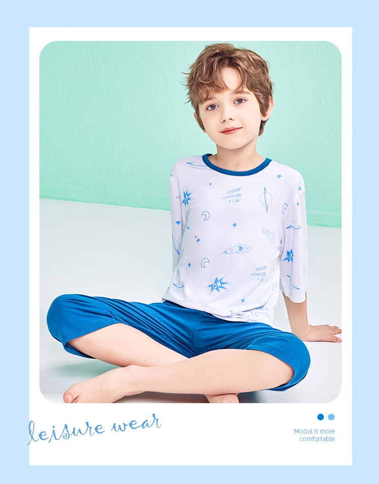 LangSha Children's Pajamas, Boys' Summer Thin Modal Sleepwear, Youth Three-Quarter Sleeve Home Wear Set, Blue, Size 120 10