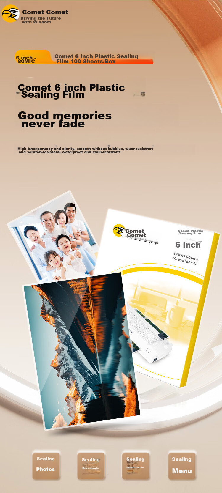 Kemi (Comet) Laminator Film, Photo Lamination Film, High-Quality Specialized Card Protection Film/lamination Film, 6 Inches, 110*160mm, 100 Sheets, 80mic 2