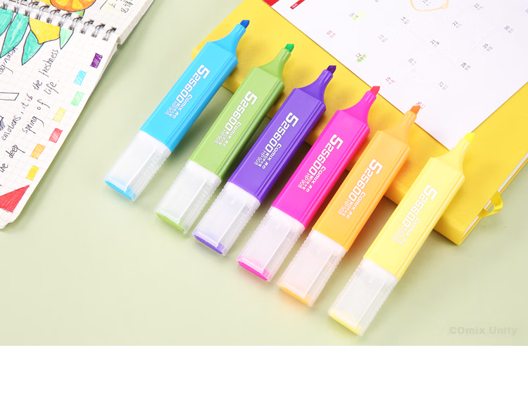 COMIX 6-Color Highlighters with Axe-Shaped Tips, Mixed Colors, 6 Marking Pens for Students' Key Points, Office Use, Study, Water-Based EHP02 Back-To Essential Colorful Markers for Students 8