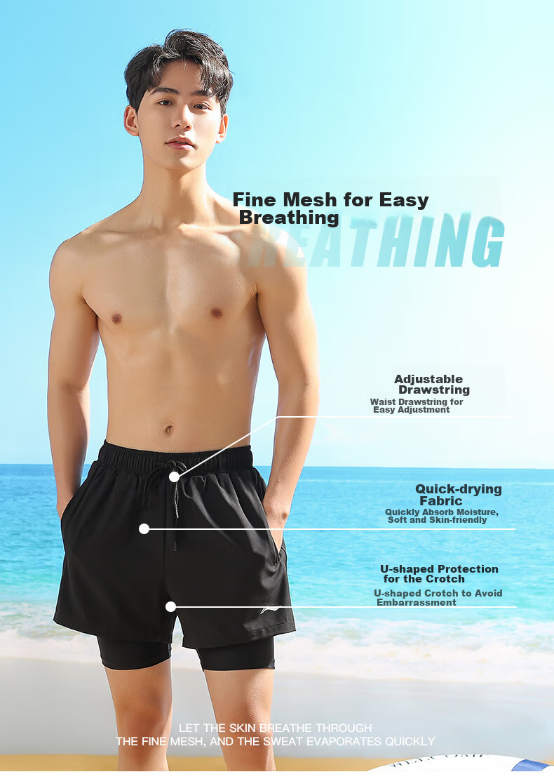 Li-Ning Swimming Trunks for Men, Sports Casual Quick-Dry Knee-Length Swim Shorts, Anti-Exposure Beach Vacation Shorts, 739 Black L 4
