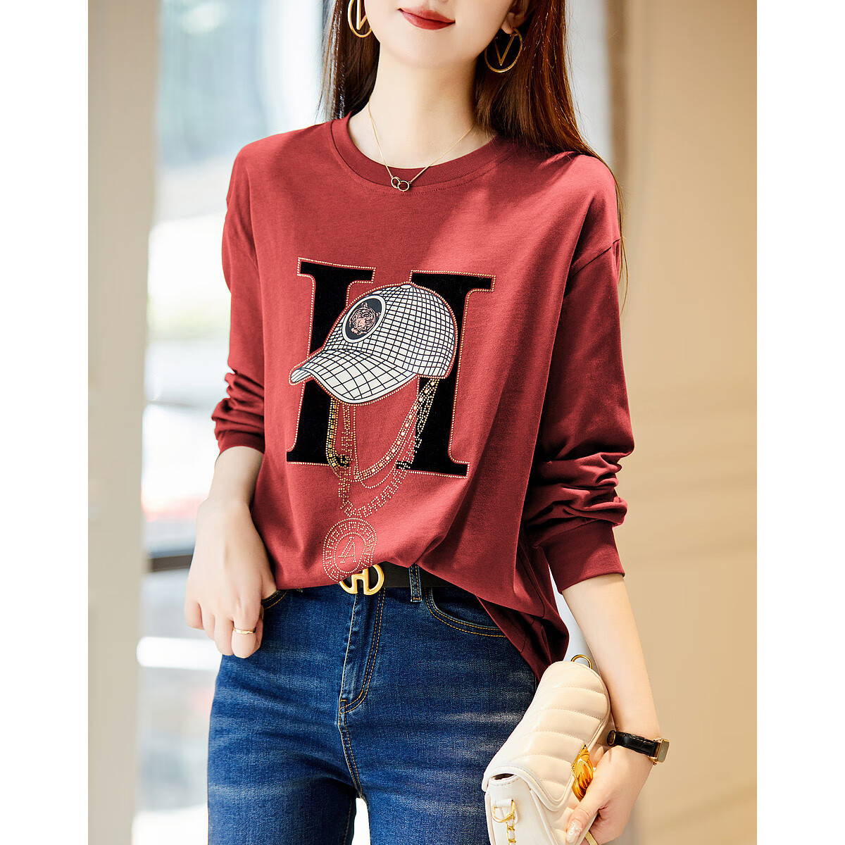 Dme Spring And Autumn Cloud Soft Cotton Long Sleeve Sporty Design Rhinestone Women's T-Shirt, Pink, XL