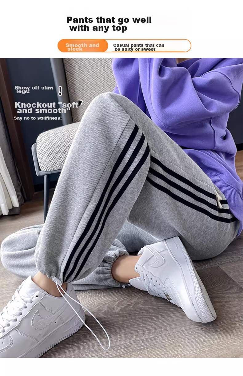 LangSha Women's Leggings with Two-Way Wear, Straight-Leg Three-Stripe Cotton Pants, Autumn Outer Wear, Sports Pants with Elastic Cuffs, Loose High-Waist Drawstring Sweatpants 15