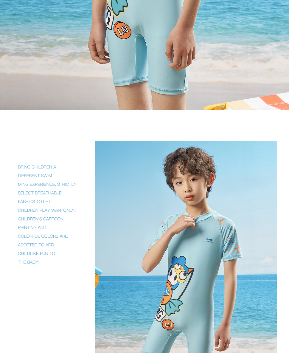 LI-NING Kids Professional One-Piece Swimwear Boys Girls Fashion Cartoon Comfortable Quick-Dry Swimming Surfing Suit LSYS900-1 Blue Size 140 10