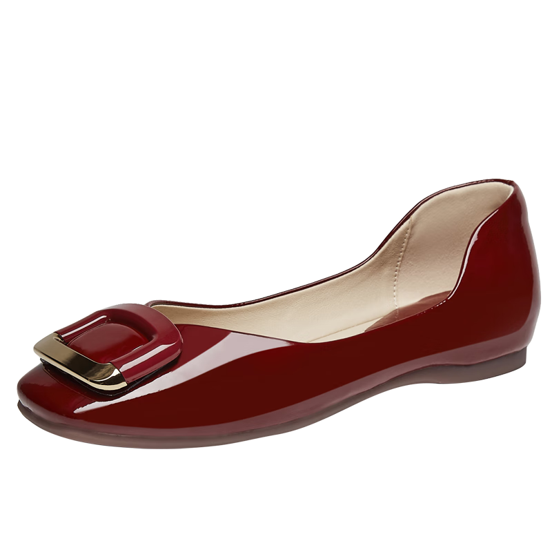 DAPHNE French Shallow Women's Flat Shoes, Red Elegant Loafers with Square Buckle, Women's Shoes 4623101054, Red, Size 37