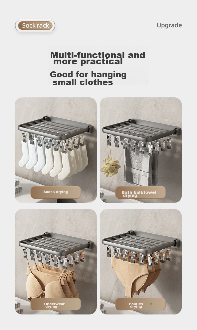 MUYA No-Drill Sock Hanger, Foldable Wall-Mounted Clothes Rack, Windproof Multi-Head 24 Clips, Space Aluminum Alloy with Oxidation Treatment 7