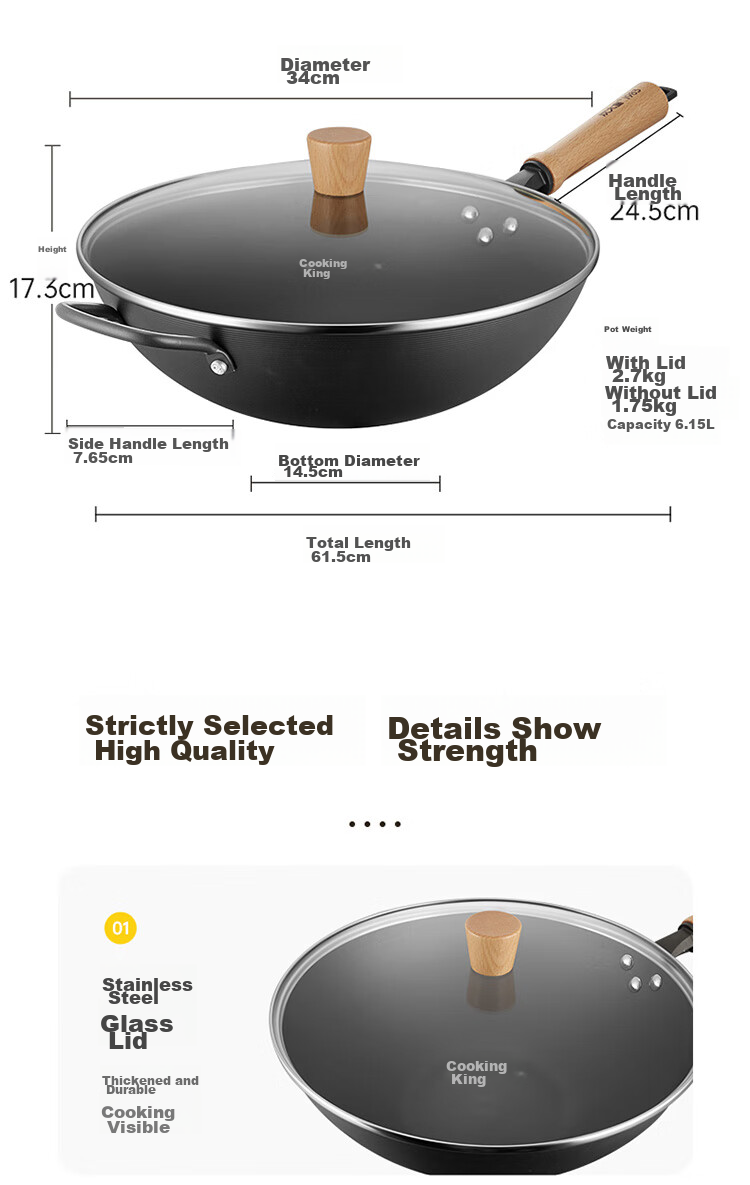 COOKER KING Non-Stick Wok for Home Kitchen Cooking, Traditional Iron Gas Stove Compatible, Uncoated Large Iron Wok, Extreme Iron Wok, 34cm 12