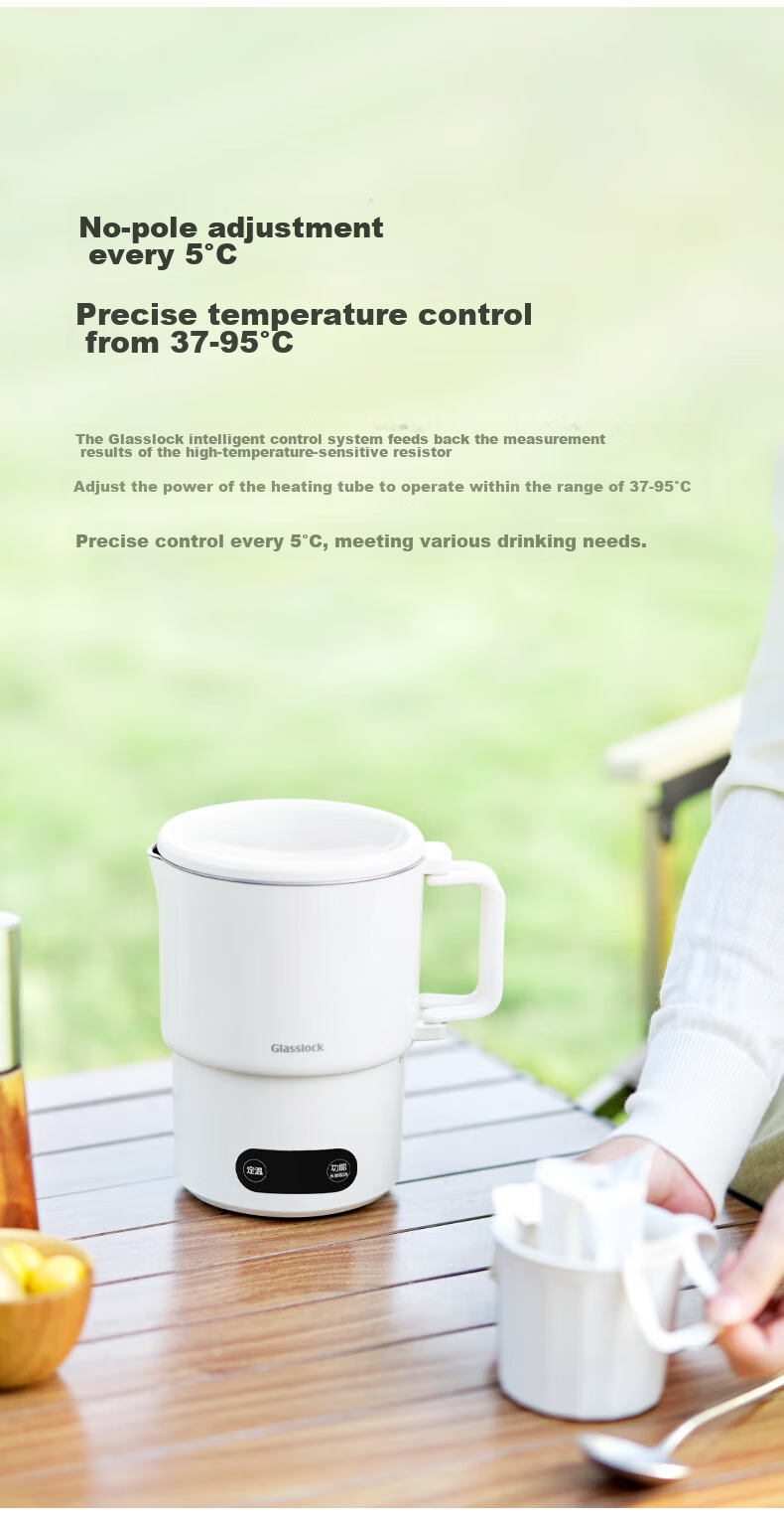 GLASSLOCK Portable Electric Kettle [Essential for Travel], Foldable Hot Water Kettle with Temperature Control, Insulated Thermos for Hotels, Health Pot, Small Cooking Pot, Noodle Cup 9
