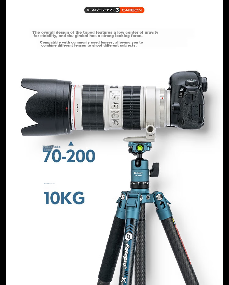 Fotopro Air Three Dual Panoramic Carbon Fiber Camera Tripod for Mirrorless And DSLR Photography And Videography, Deep Blue, Weight/0.9KG, Phone Clamp 13