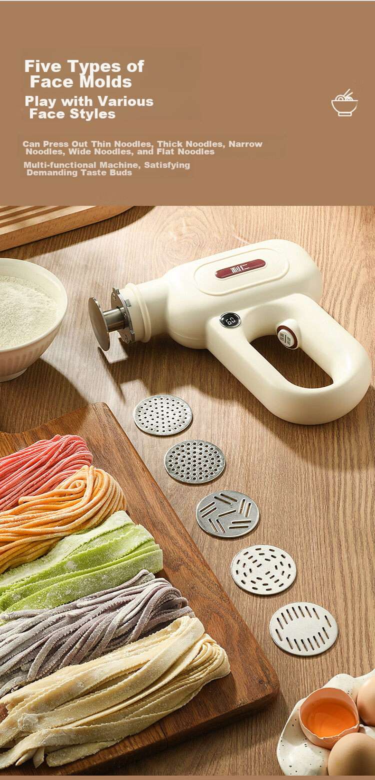 Liven Noodle Maker with Power Display, Home Automatic Wireless Handheld Pasta Press, Electric Youtiao Maker, Stainless Steel Noodle Machine with 5 Mold Types ML-A410 10