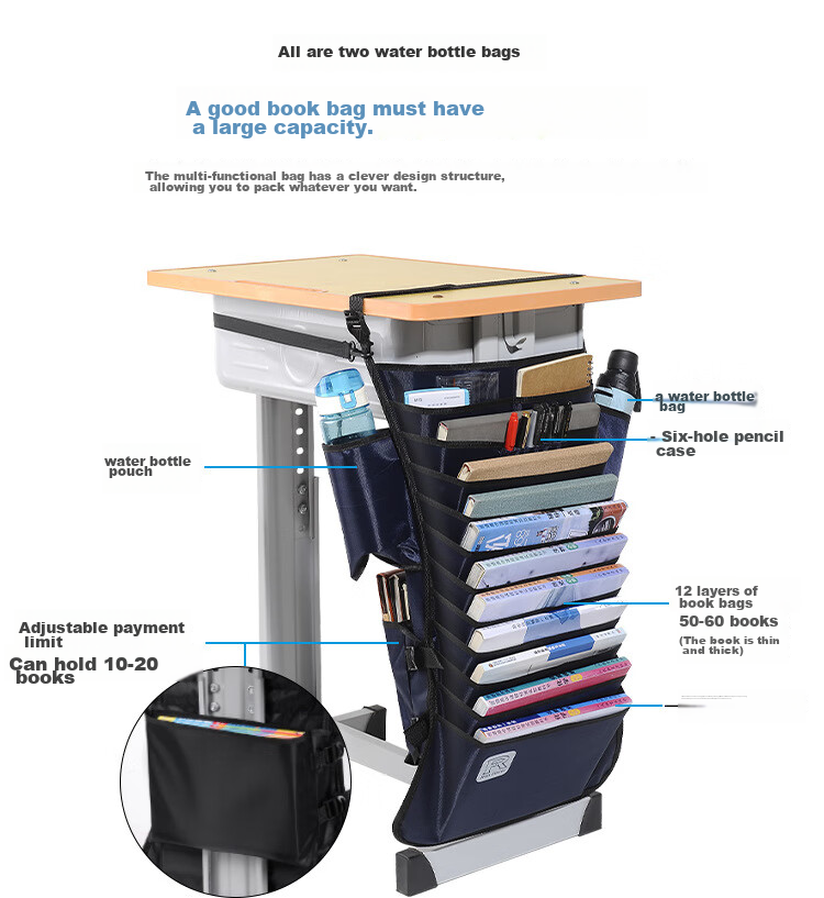Siyicai Desk Hanging Book Bag, High School Student Desk Organizer, Side Book Holder Storage Pouch, Desktop Book Holder, Middle School Student Book Bag, Black, 12 Layers, 13 Compartments 7