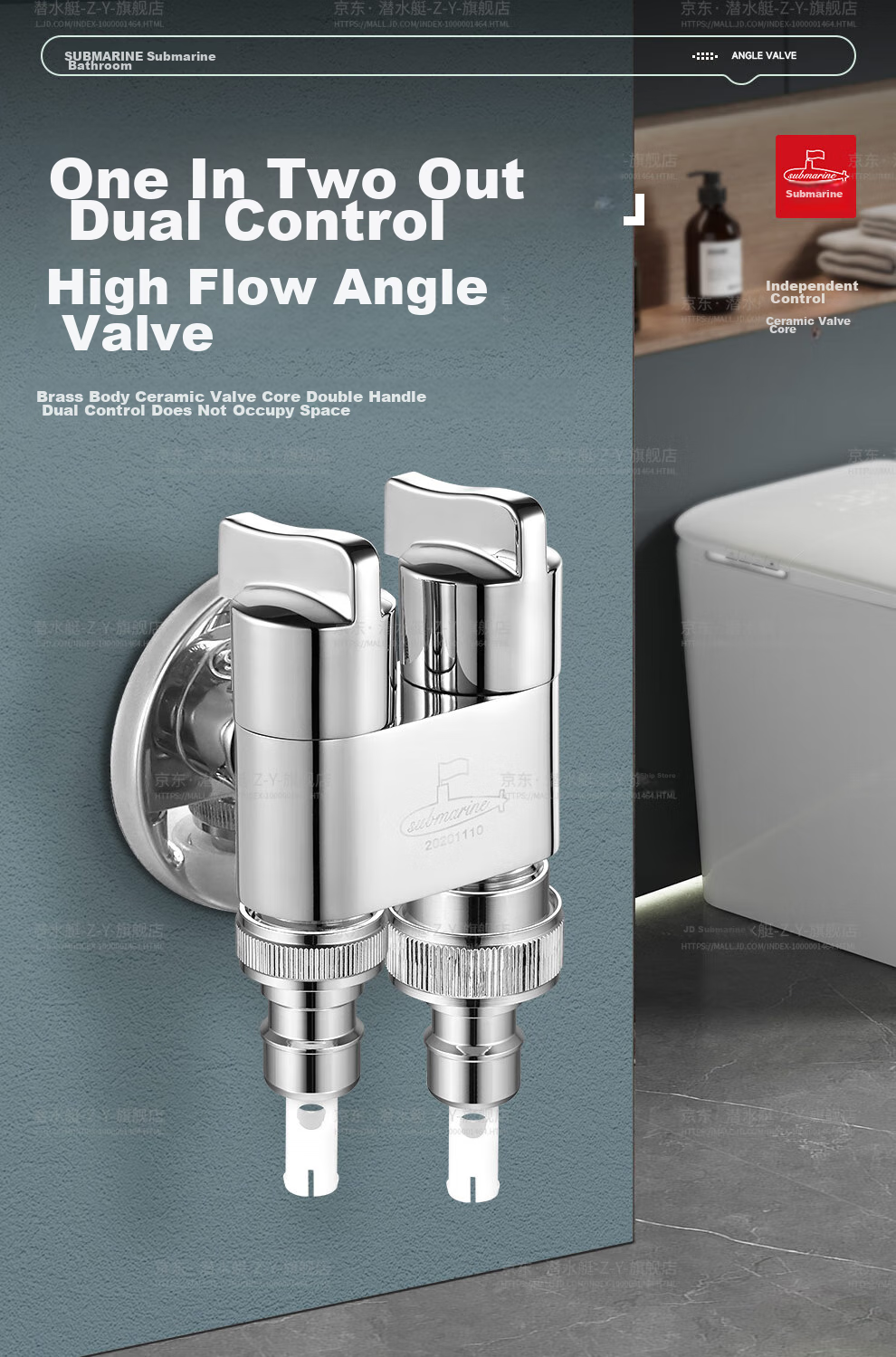 Submarine F408M One-In Three-Way Angle Valve, Brass Double Handle Double Control, 1/2 Inch / 3/8 Inch Universal, with Water Stop Needle, Gun Gray Color 2