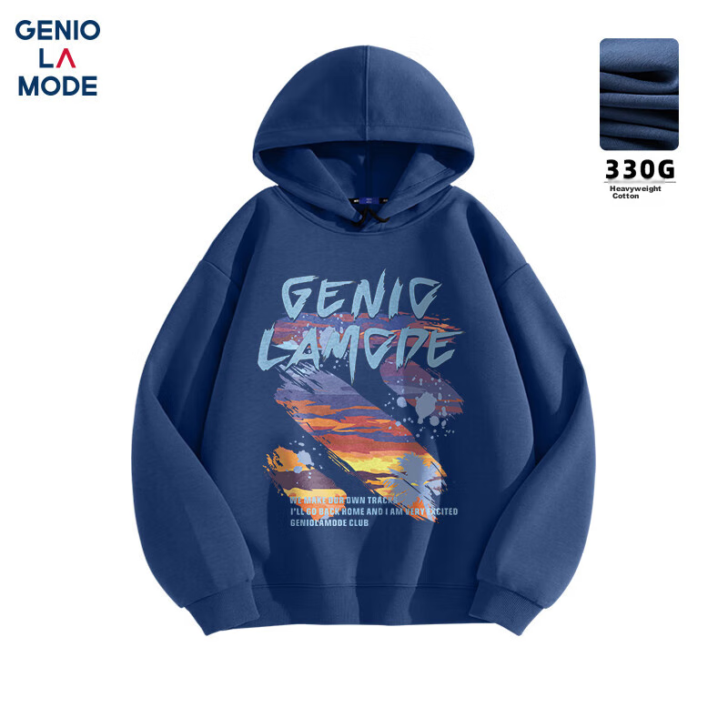 GENIOLAMODE Hooded Sweatshirt for Men, Autumn Pullover Graffiti Print Loose Casual Versatile Youth Clothing Trendy Navy Blue M