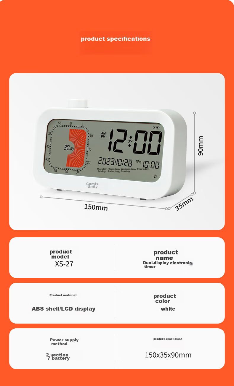COMIX Dual Display Timer, Children's Learning Self-Discipline Timer Reminder, Countdown Multifunctional Student Time Management Tool, Children's Birthday Gift, XS-27 White 9