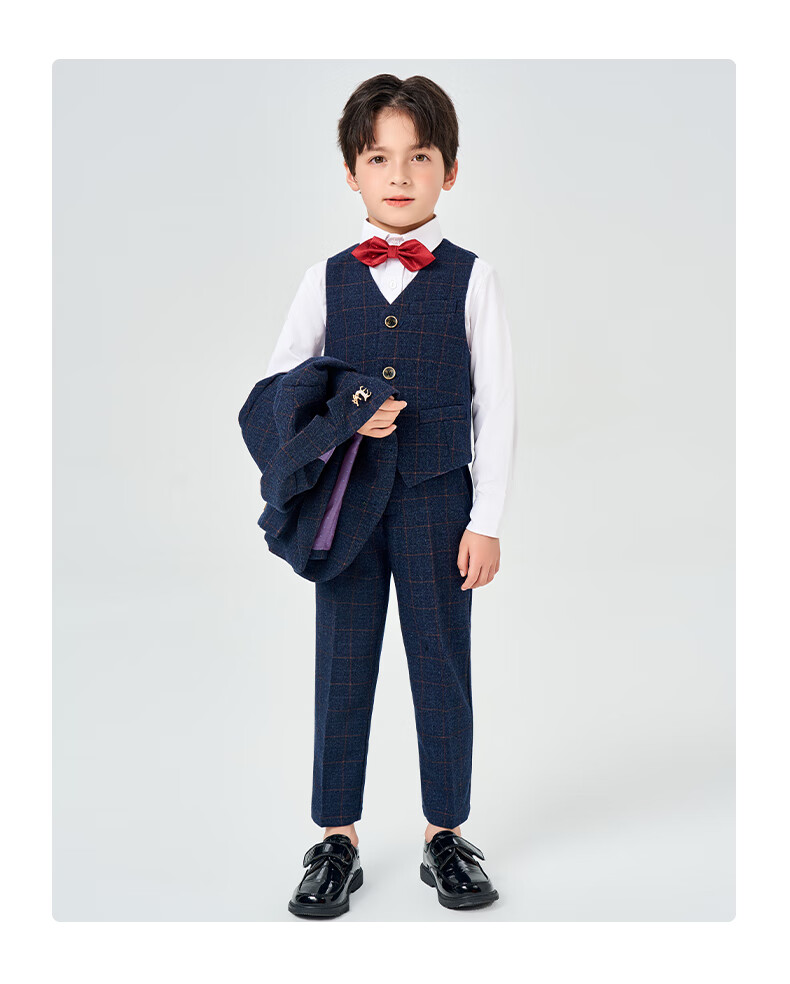 Luomeng Children's Suit Set, Flower Boy Host Formal Wear, Boys' First Birthday Piano Performance Outfit, Navy Blue And Yellow Plaid, Size 120 18