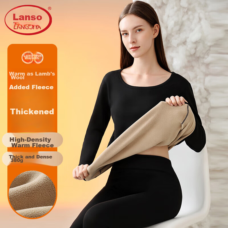 LangSha Lambswool Thermal Underwear for Women, Thickened Fleece-Lined Base Layer Top And Bottom Set for Autumn And Winter, Black
