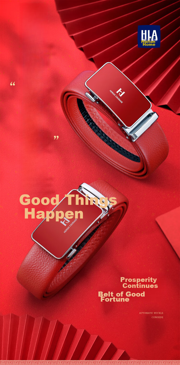 HLA Men's Belt with Automatic Buckle, Business-Style Top-Layer Cowhide Red Waistband, Fashionable Birthday Gift, Trouser Belt for Boyfriend Or Father 1