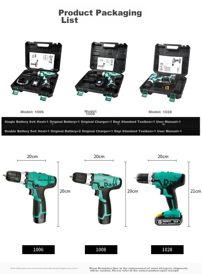 Dayi Electric Drill, Lithium Battery Drill, Electric Screwdriver, Multifunctional Home Power Tool Set, Hand Drill 1028 with Dual Batteries 22