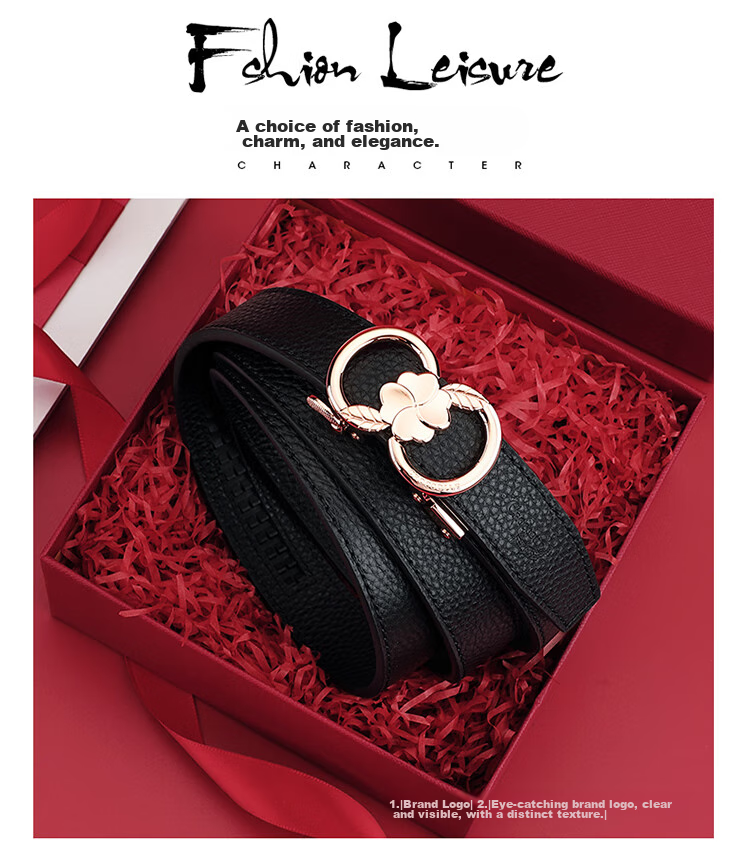 CROCODILE Top-Grain Leather Fashion Belt for Women, Automatic Buckle, Exquisite And Simple Waist Belt T3707 Black Gift Box Set 1