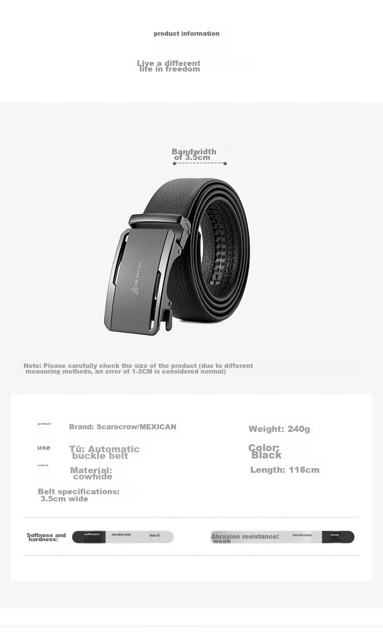 MEXICAN Men's Leather Belt with Automatic Buckle, Genuine Top-Grain Cowhide Business Waistband Casual Trouser Belt Birthday Gift for Men And Fathers 12