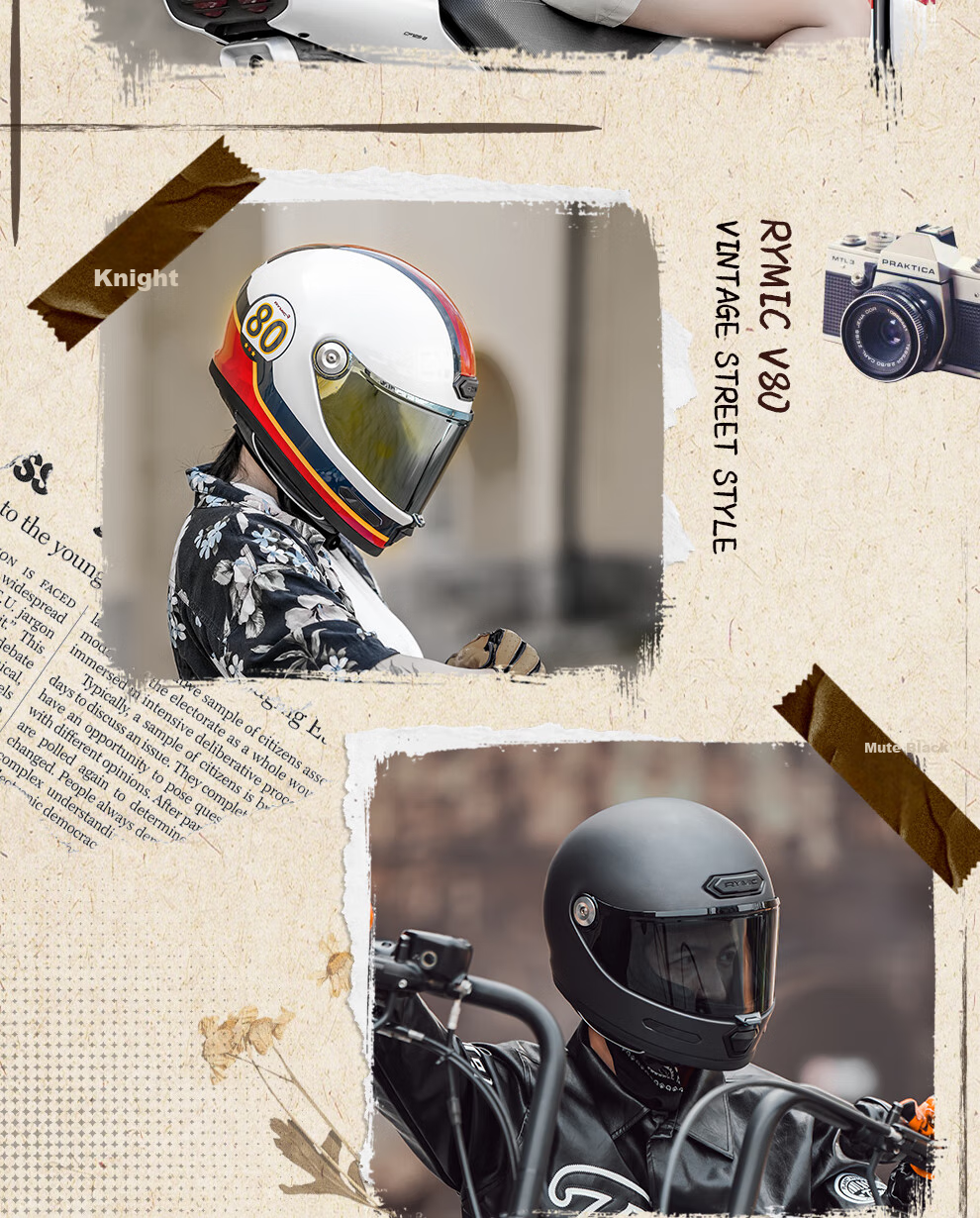 RYMIC Motorcycle Retro Full-Face Helmet, 3C Certified, for Men And Women, All-Season Riding Helmet, V80 Bright Moon White, 3XL 3