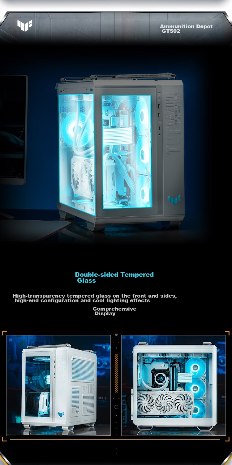 ASUS TUF GAMING GT502 White Arsenal Case, White Cables, Dual-Chamber Design, Tool-Free Disassembly, White Seaside View, Innovative Cooling, GPU Bracket 2