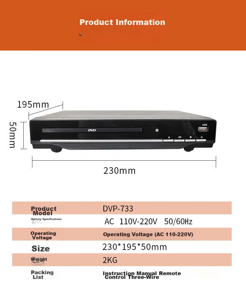 Malata DVD Player, Disc Player CD Machine VCD DVD Optical Drive Player, Video Disc Player, USB Music, Black 8