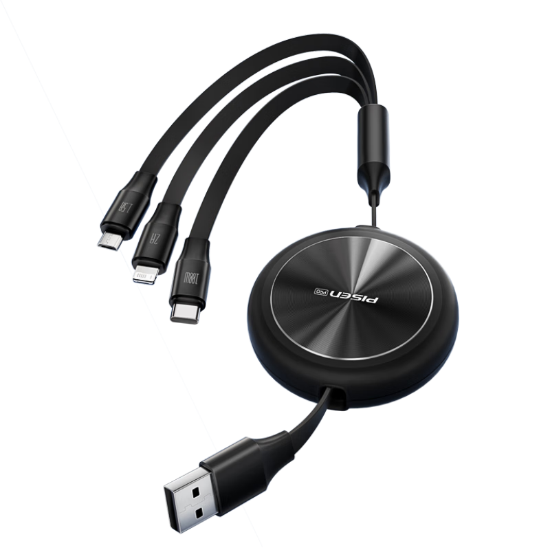 PISEN Three-In Retractable Charging Cable, 6A Fast Charging, 100W/66W, Multi-Head USB Cable, Car Charger, Compatible with Apple 18/17/16, Huawei Mate, Android, Type-C Phones