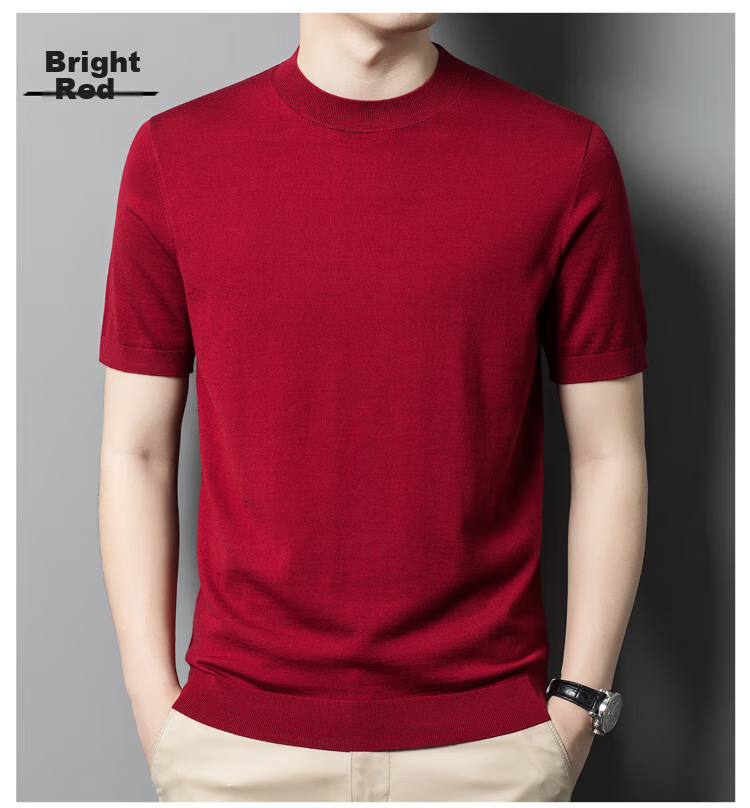 Hengyuanxiang Washable Fine-Spun Wool Sweater for Men, Thin Round Neck Short Sleeve Knitted T-Shirt Pullover, Bright Red, Size 165 18