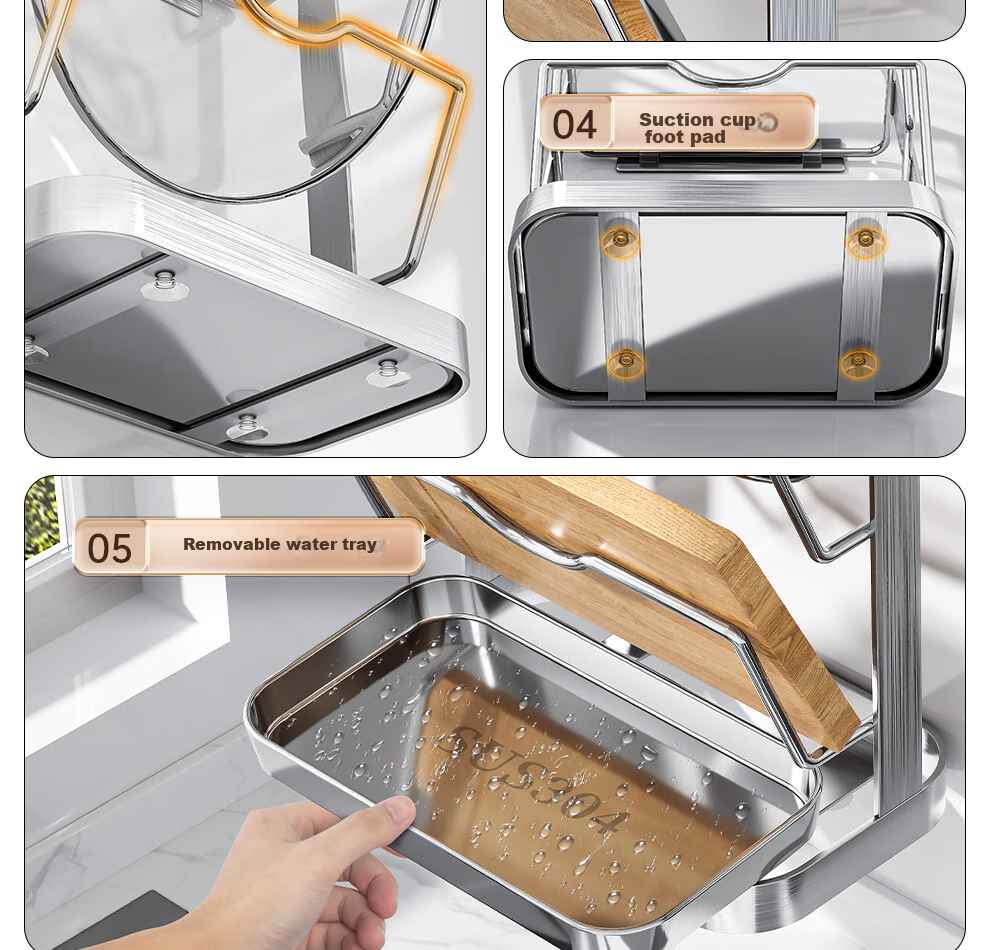 Jiabaili 304 Stainless Steel Pot Lid Rack, Kitchen Storage Rack, Wall-Mounted without Drilling, Multifunctional Countertop Chopping Board Holder And Cutting Board Storage 11