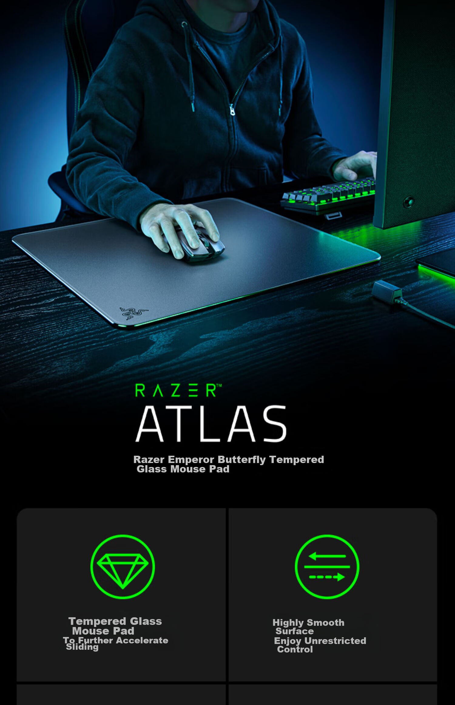 Razer Emperor Butterfly Tempered Glass Gaming Mouse Pad, White 1
