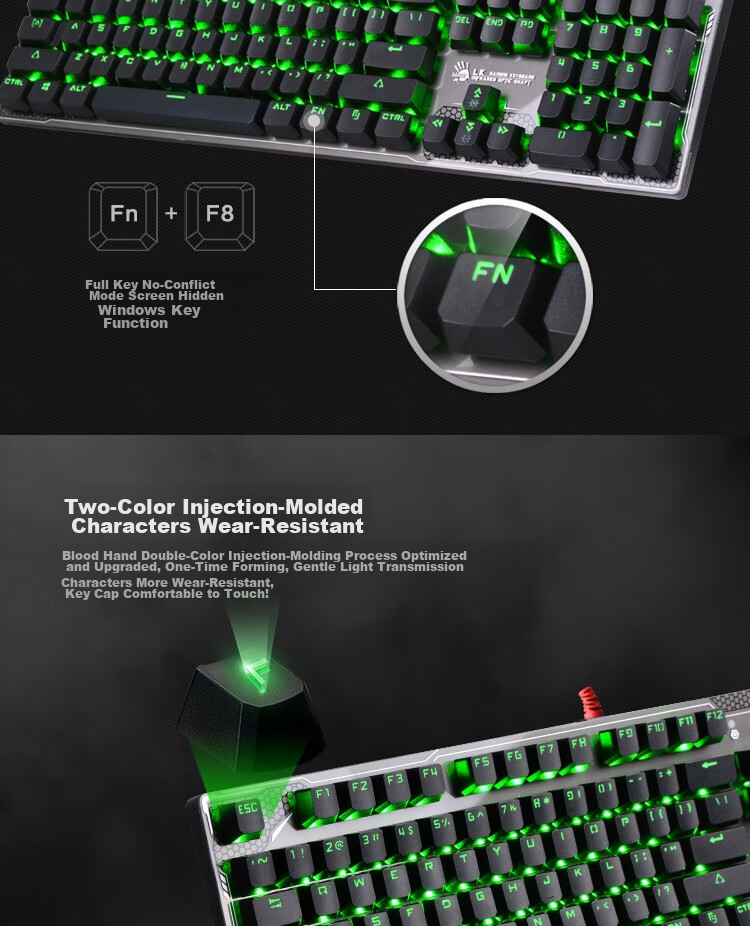 A4TECH B770, 104-Key Mechanical Keyboard, Wired Gaming Keyboard with Optical Switches, Mechanical Gaming Keyboard for Esports, Blood Hand Phantom, Optical Switch, Battlefield Gray, Wired 5