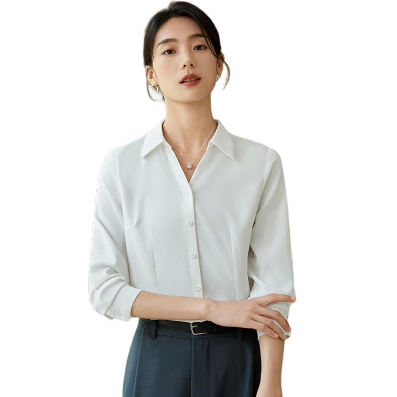 Chushen Spring And Autumn Long-Sleeve Shirt for Women, V-Neck Collar, Casual Versatile Commuter Professional White Blouse S143C2049 M Size