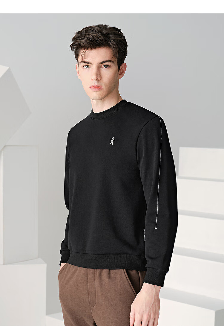 DANCING WOLVES [Fleece-Lined Thickened] Autumn And Winter Plain Line Design Trendy Versatile Round Neck Thick Sweatshirt for Men, 001 Black, Size 180 6