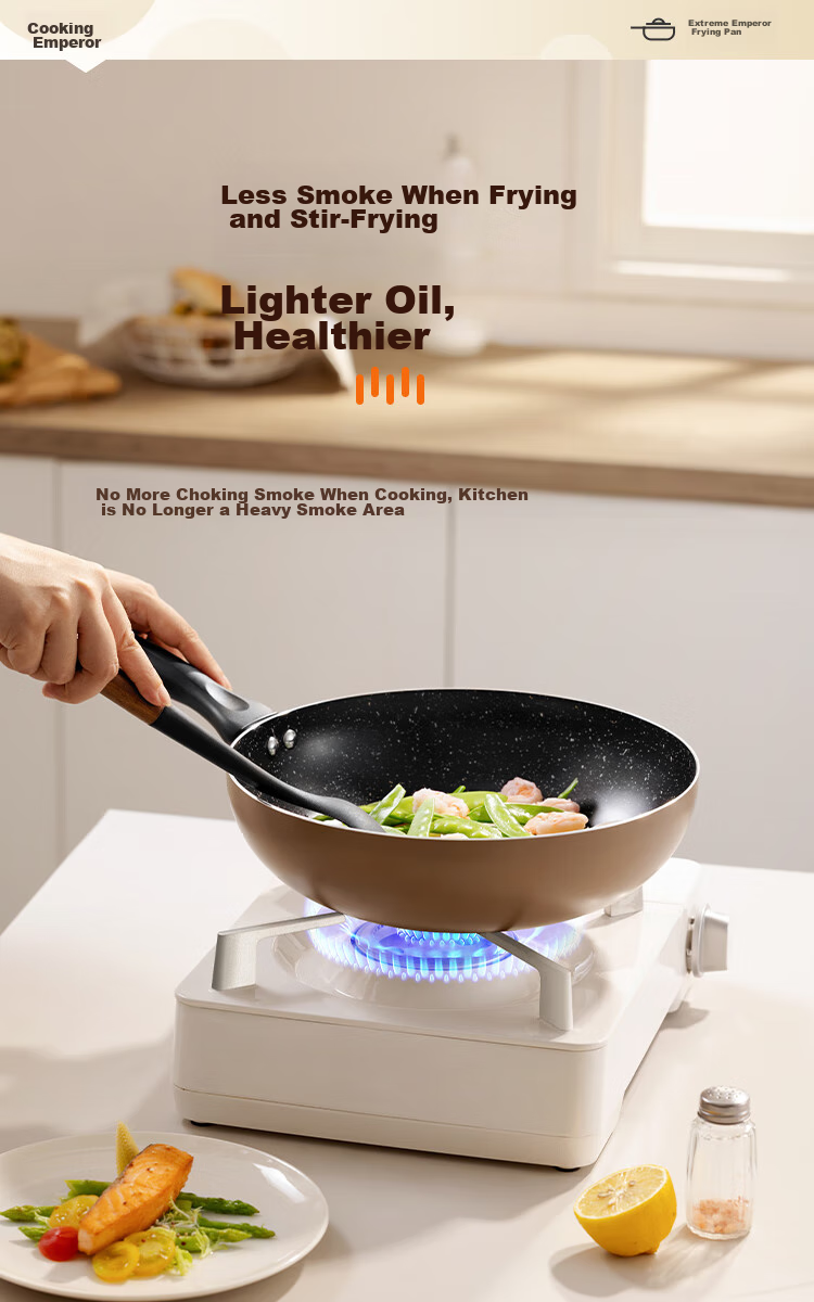 COOKER KING Non-Stick Wok, Japanese-Style Cast Iron, Easy to Clean, Low Smoke, Flat Bottom Frying Pan, 28cm, Compatible with Induction Cookers, B49780 3