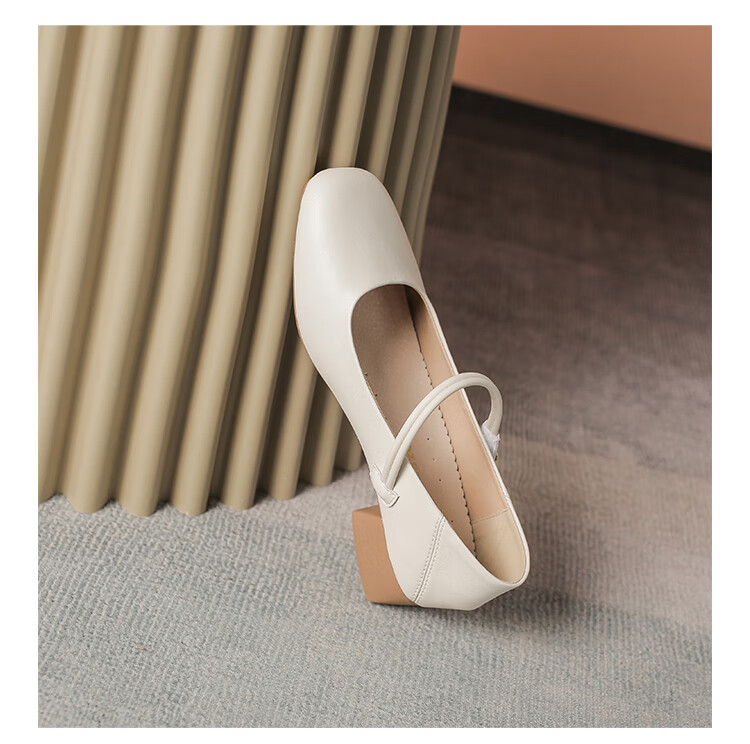 ZHR Women's Single Shoes Elegant One-Strap Mary Jane Shoes with Chunky Heel Fashionable Women's Shoes AH506 Apricot Color Size 36 21