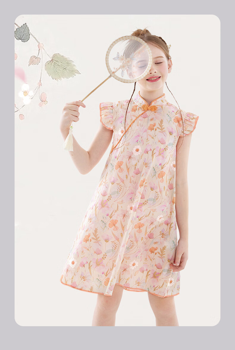 Duomiaowu Girls' Cotton Dress, Summer Children's New Chinese-Style Qipao Skirt, Big Kids' National Style Dress, W011 Pink Orange, Size 170 11