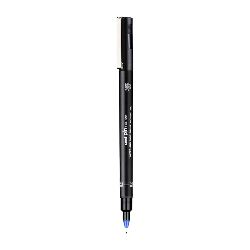 Uni Mitsubishi 0.2mm Water-Based Drawing Needle Pen, PIN-200 Art Design Outlining Pen, Black Handle with Blue Ink, Single Pe